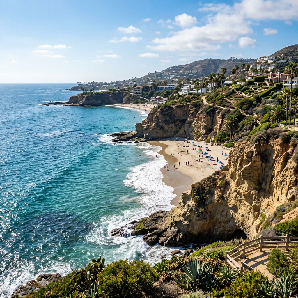 Coastal beach with cliffs, turquoise ocean, sandy shore, and residential homes