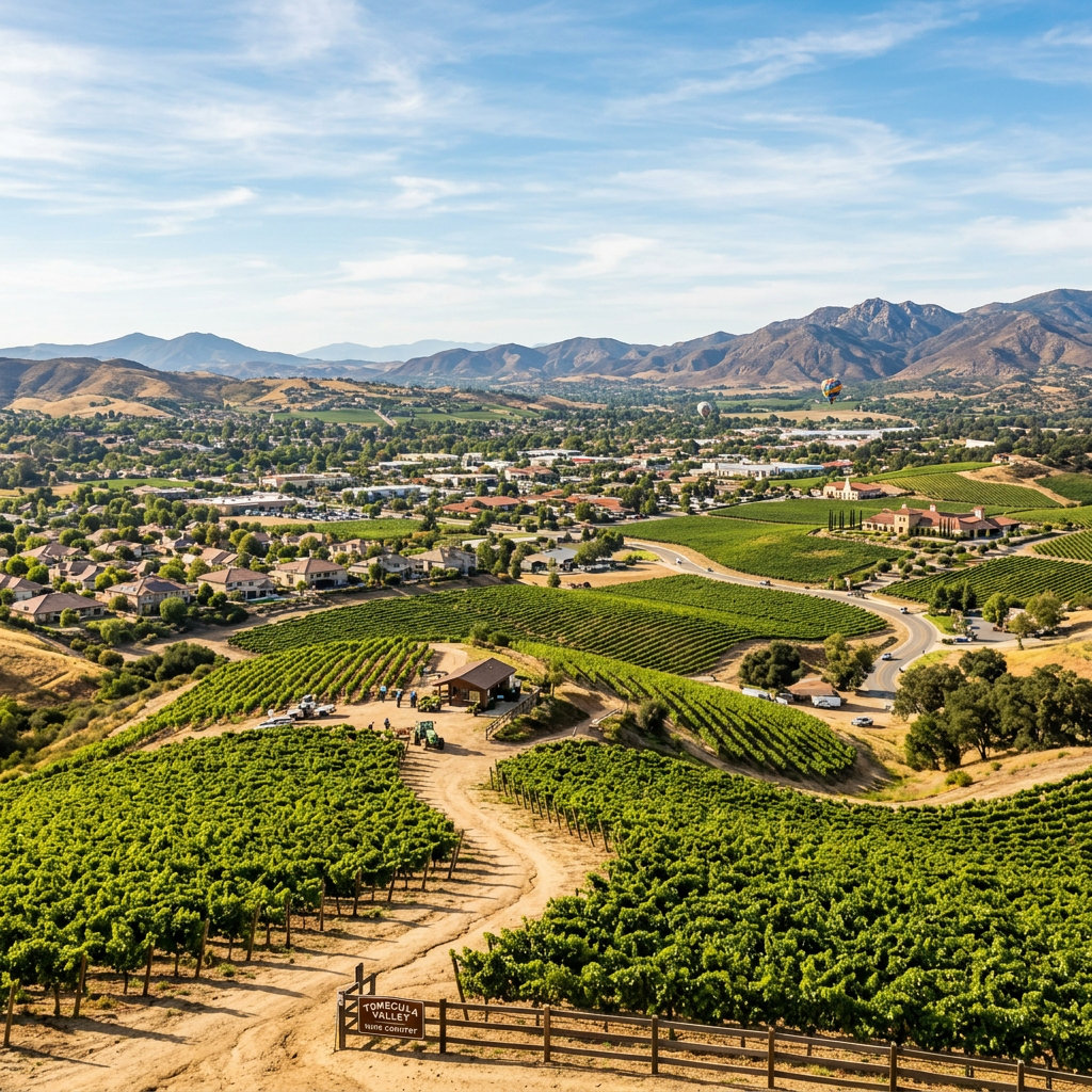 Vineyard in Tomecula Valley with rows of grapevines, a small building, a winding road, and hot air balloons in the sky