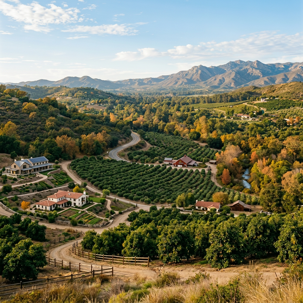 Valley with orchards, farmhouses, winding road, and distant mountains under blue sky