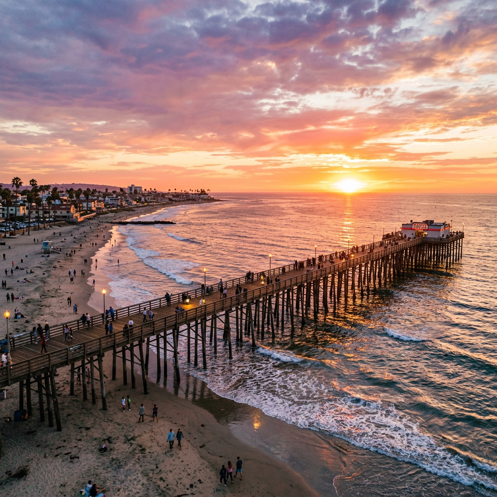 Wooden pier extending into the ocean with people walking during sunset on a beach coastline